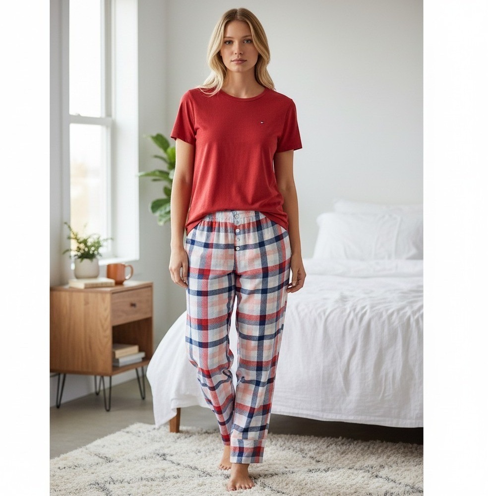 Red White and Blue Womens Pajama‎ Set Tee and Waffle Knit Joggers Medium